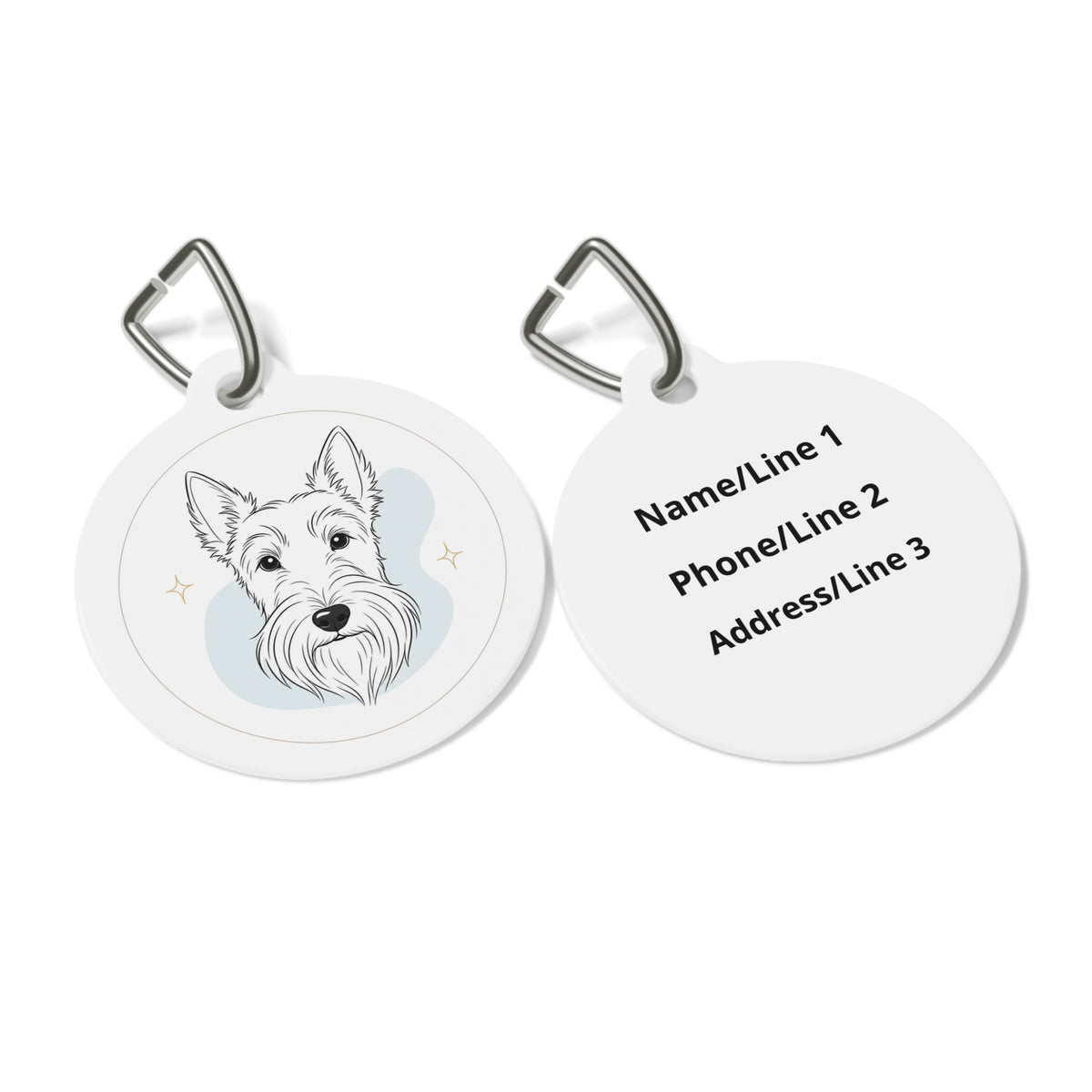 Close-up of Scottish Terrier Minimal Line Art artwork on personalized dog ID tag