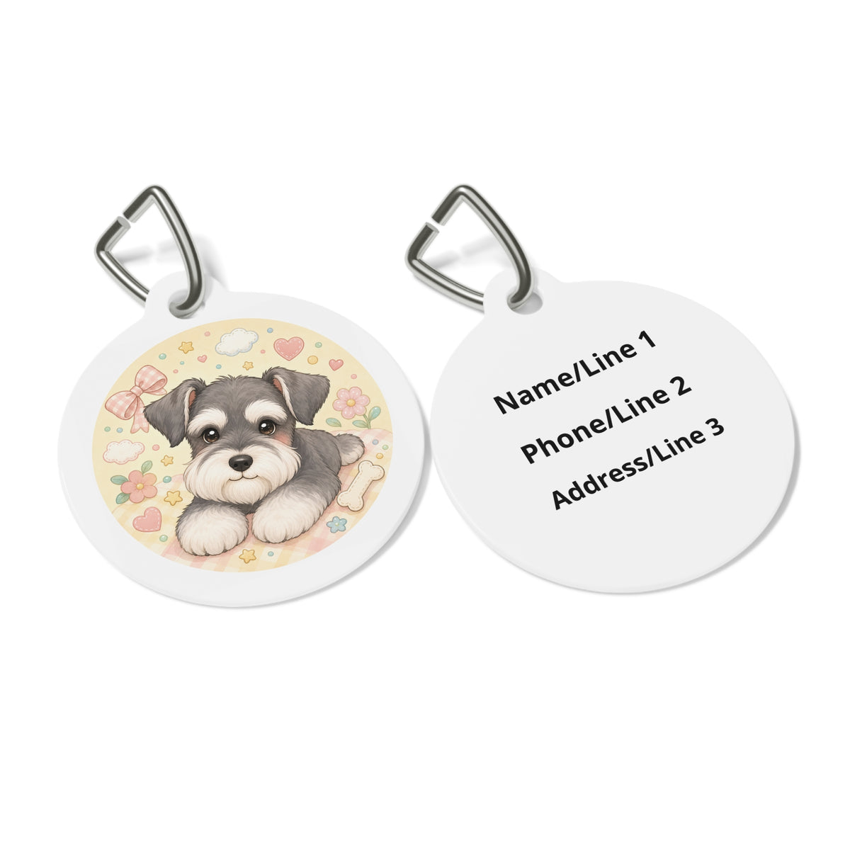 Close-up of Miniature Schnauzer Cozy Hearts & Blossoms artwork on personalized dog ID tag