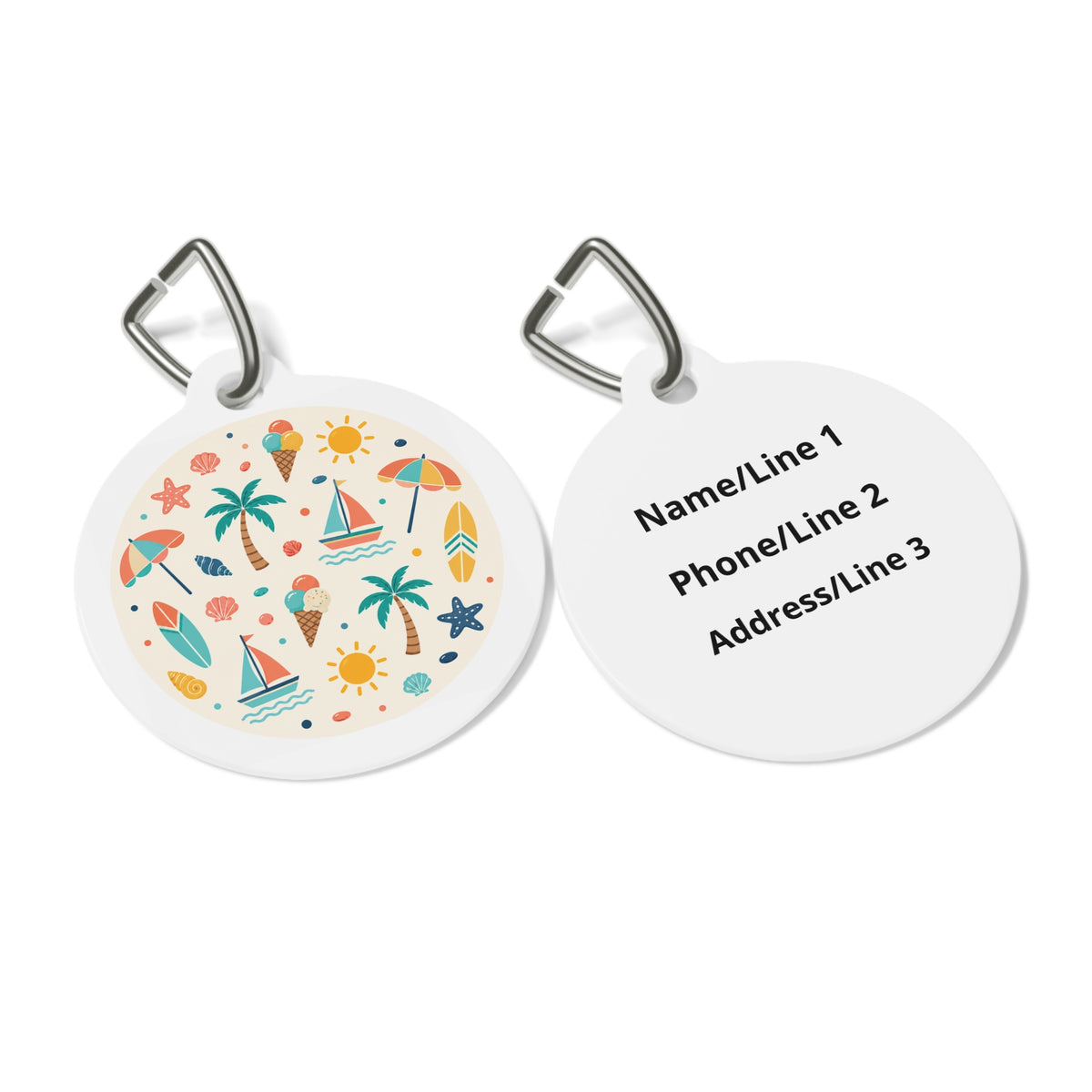 Close-up of Beach Holiday Dreamy Coastal Scene artwork on personalized dog ID tag