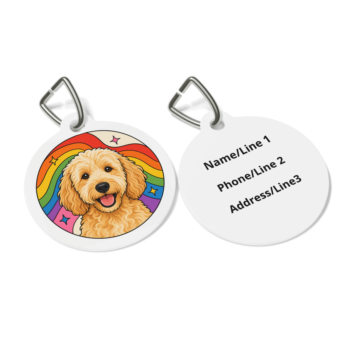 Close-up of Goldendoodle Rainbow Puppy artwork on personalized dog ID tag