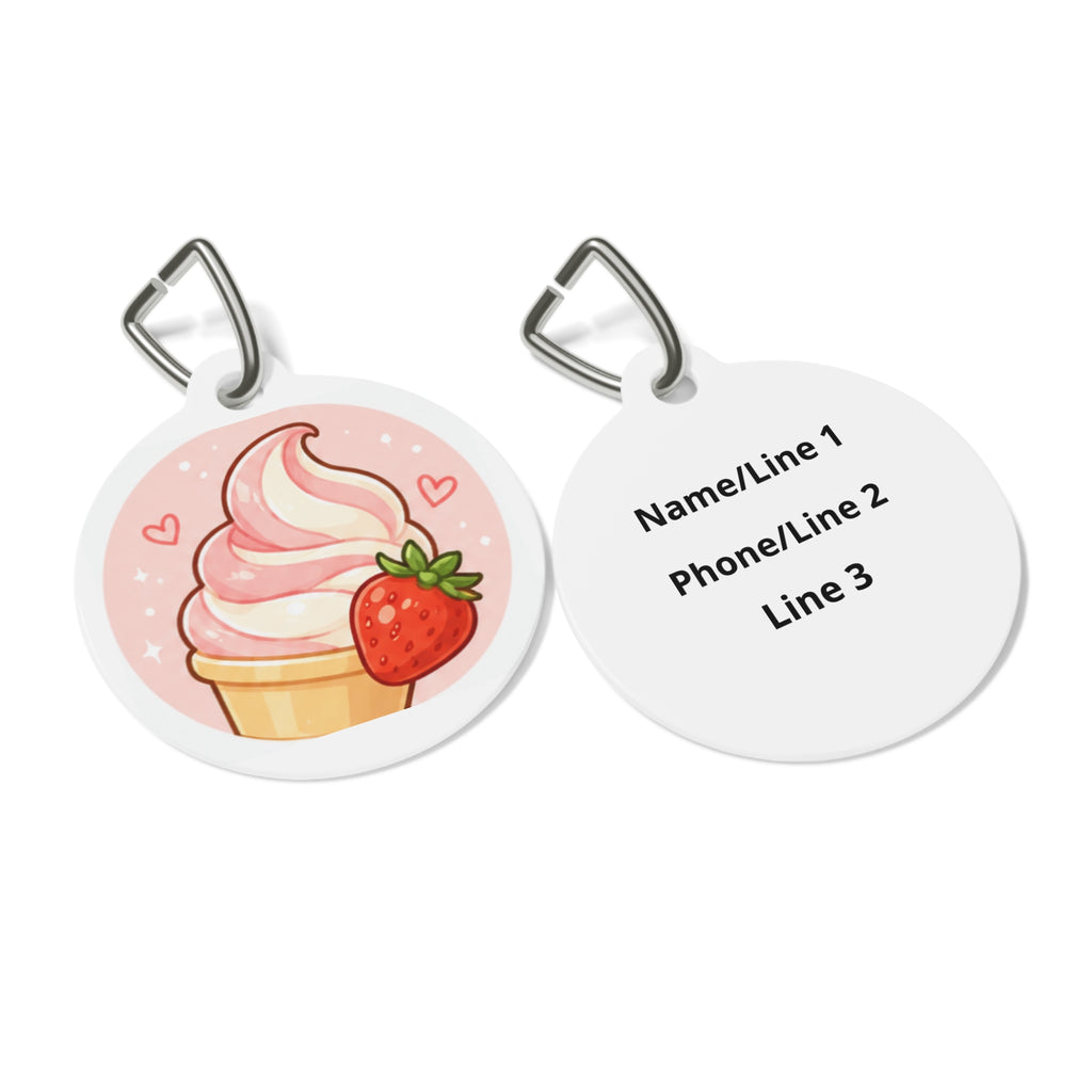Etiqueta de identificación personalizada para perro con diseño artístico de helado suave de fresa, un capricho para amantes de la comida.