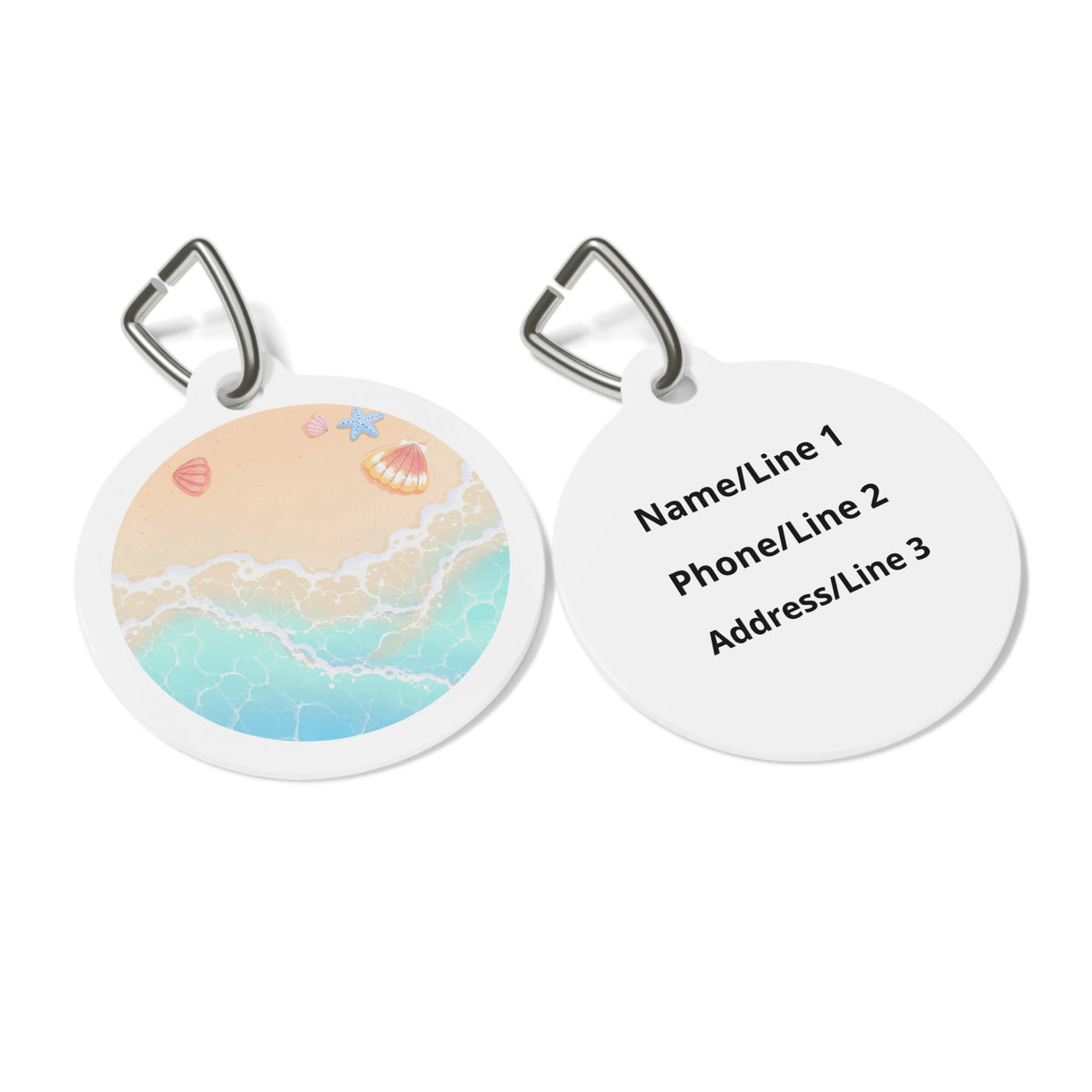 Close-up of Pastel Shoreline Dreamy Coastal Scene artwork on personalized dog ID tag