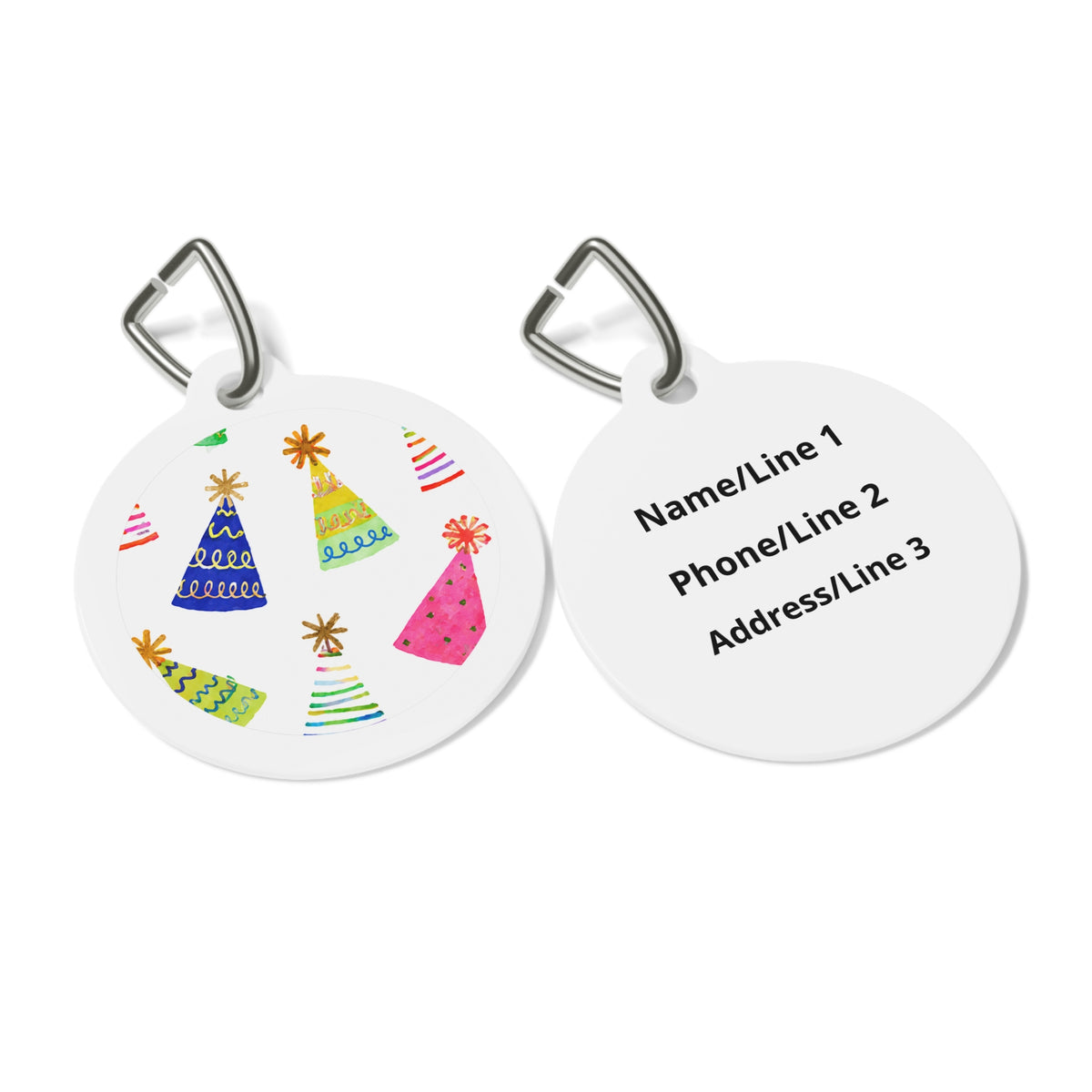 Close-up of Rainbow Party Hat Parade artwork on personalized dog ID tag