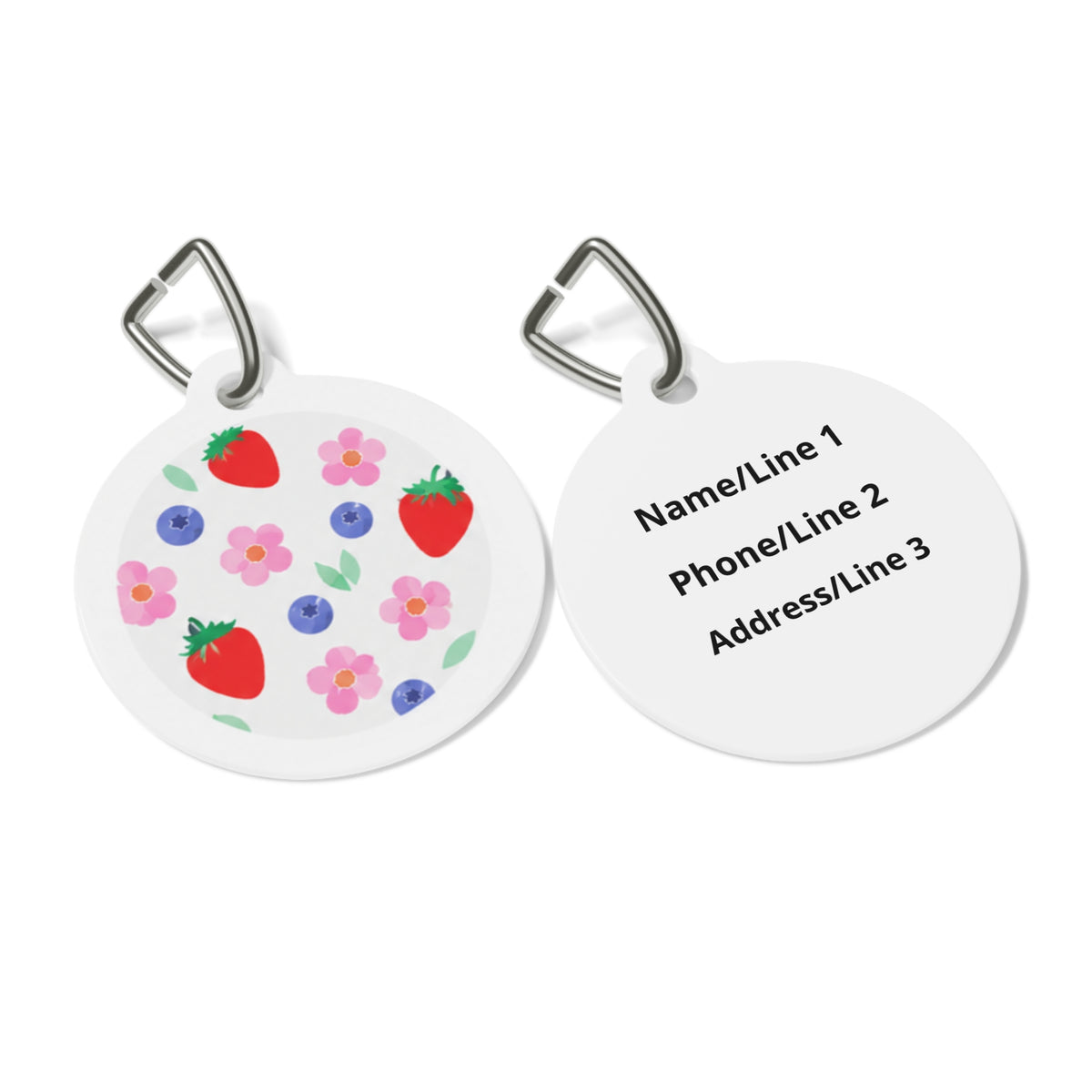 Close-up of Berry Blossom Cheerful Fruit Pattern artwork on personalized dog ID tag