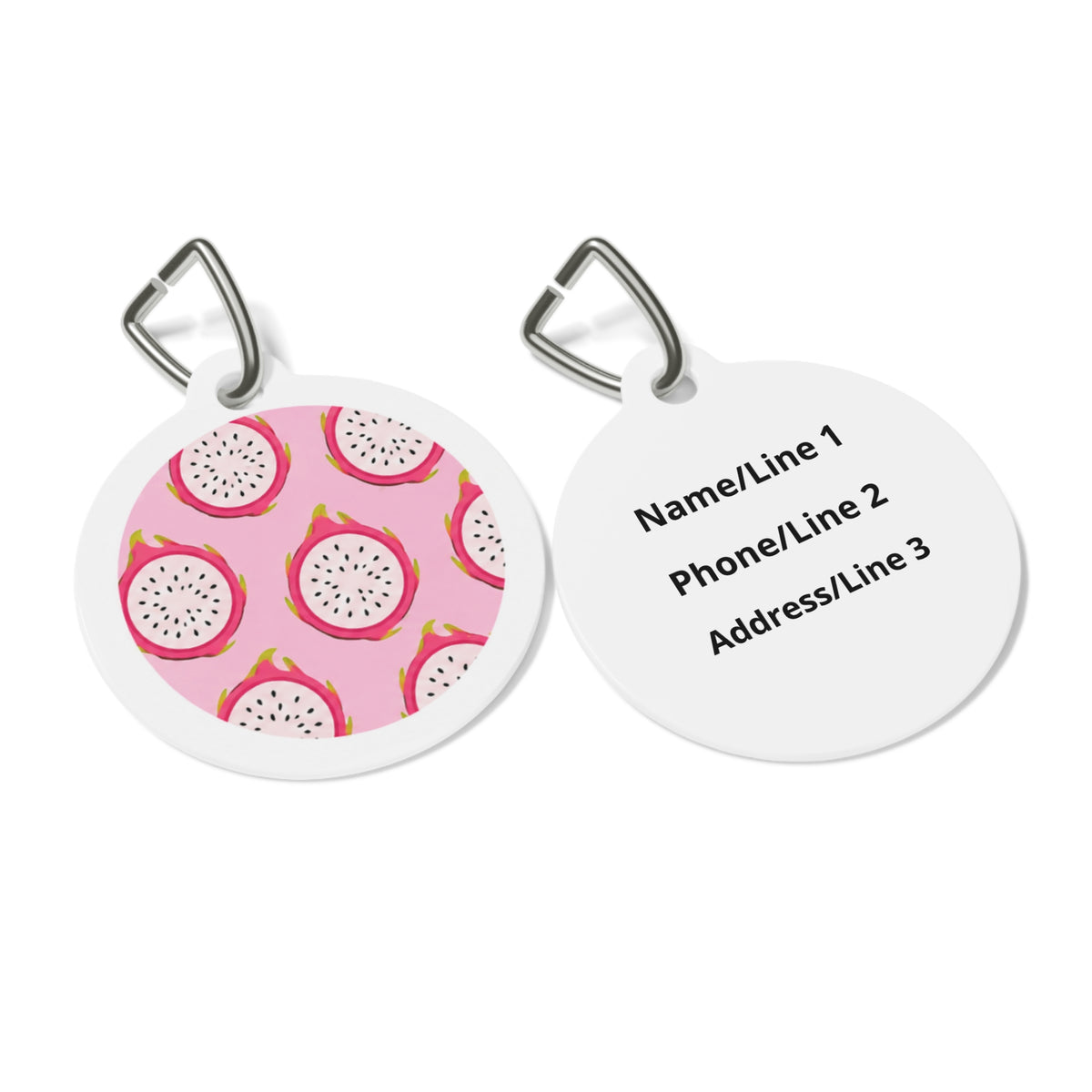 Close-up of Dragon Fruit Cheerful Fruit Pattern artwork on personalized dog ID tag