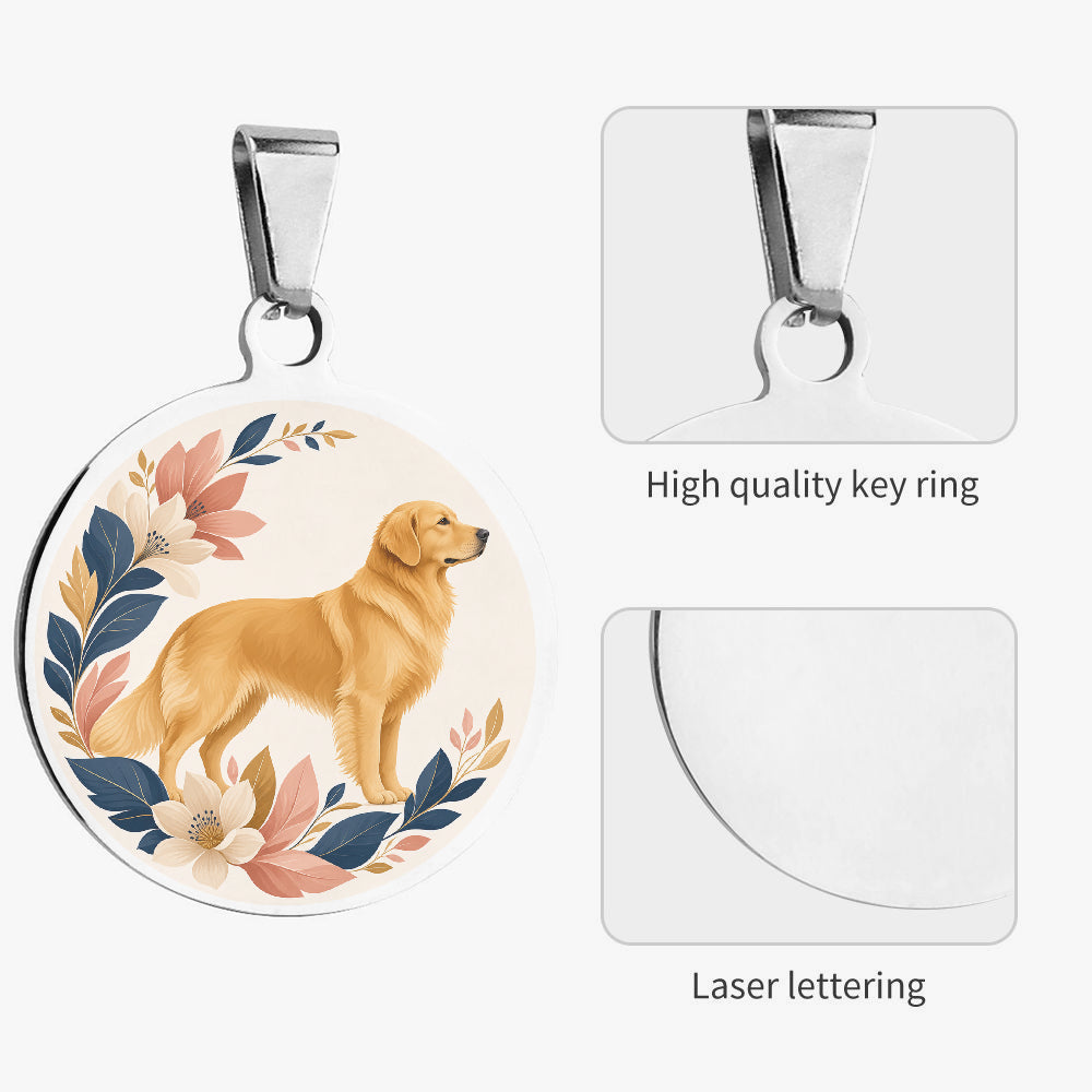 Close-up of Golden Retriever Autumn Botanical Profile artwork on personalized dog ID tag