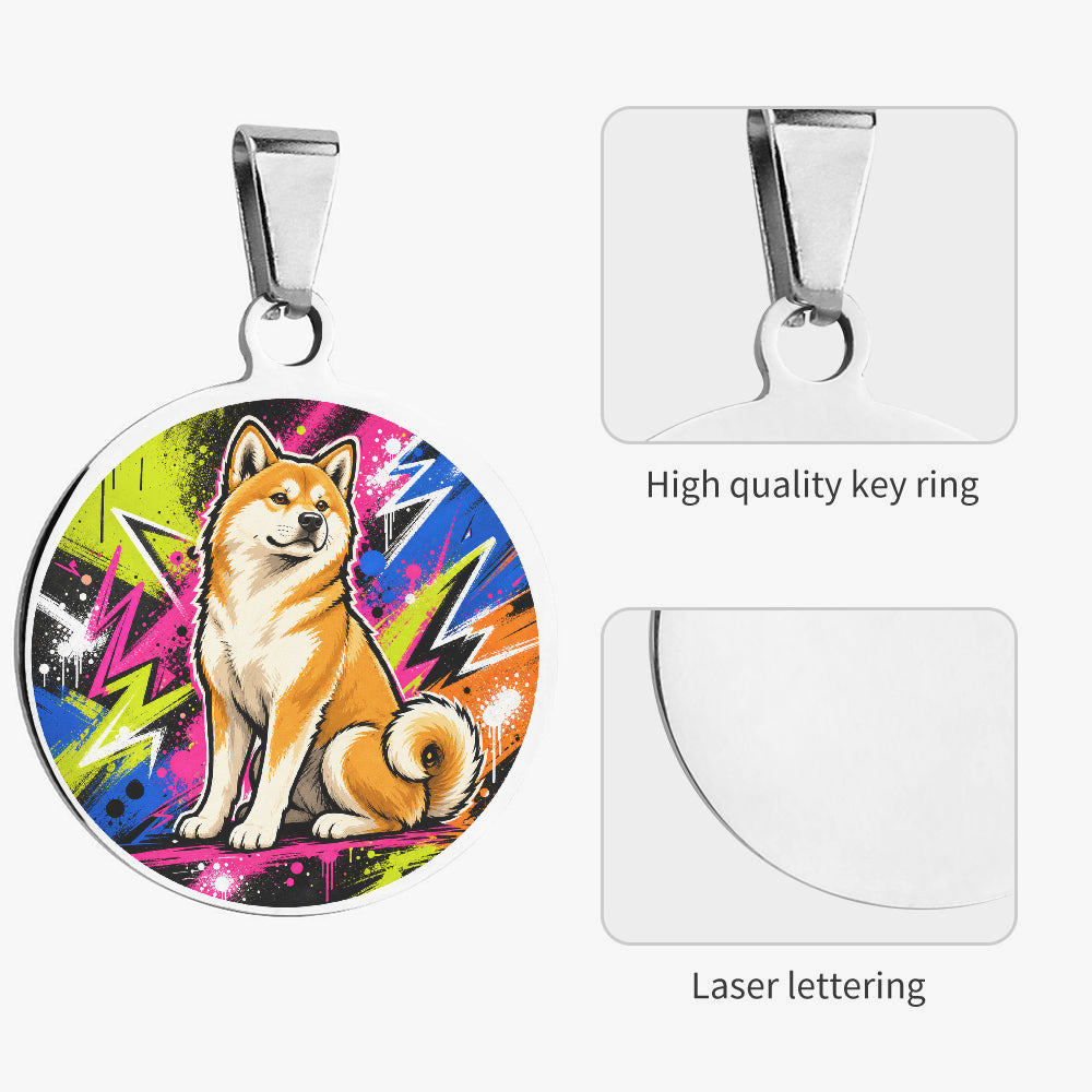 Close-up of Akita Neon Street Pop artwork on personalized dog ID tag
