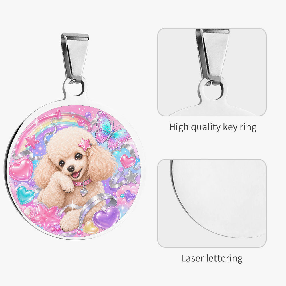 Close-up of Poodle Sparkle Bubble Princess artwork on personalized dog ID tag