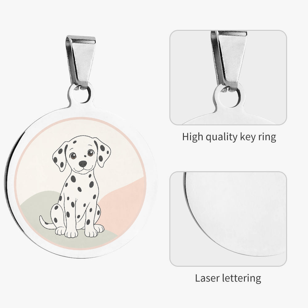 Close-up of Dalmatian Minimal Blush Portrait artwork on personalized dog ID tag