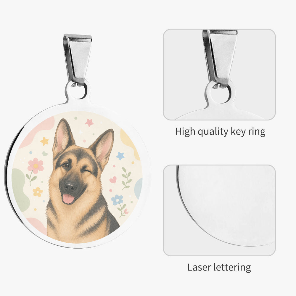 Close-up of German Shepherd Soft Floral Close-Up artwork on personalized dog ID tag