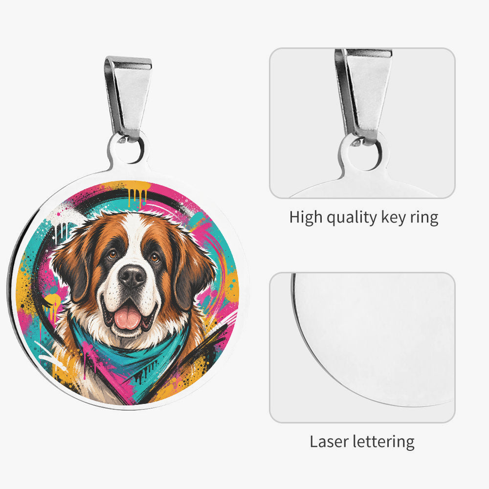 Close-up of Saint Bernard Urban Pop Portrait artwork on personalized dog ID tag