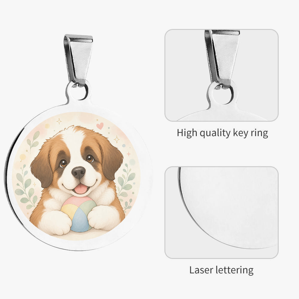 Close-up of Saint Bernard Pastel Ball Puppy artwork on personalized dog ID tag
