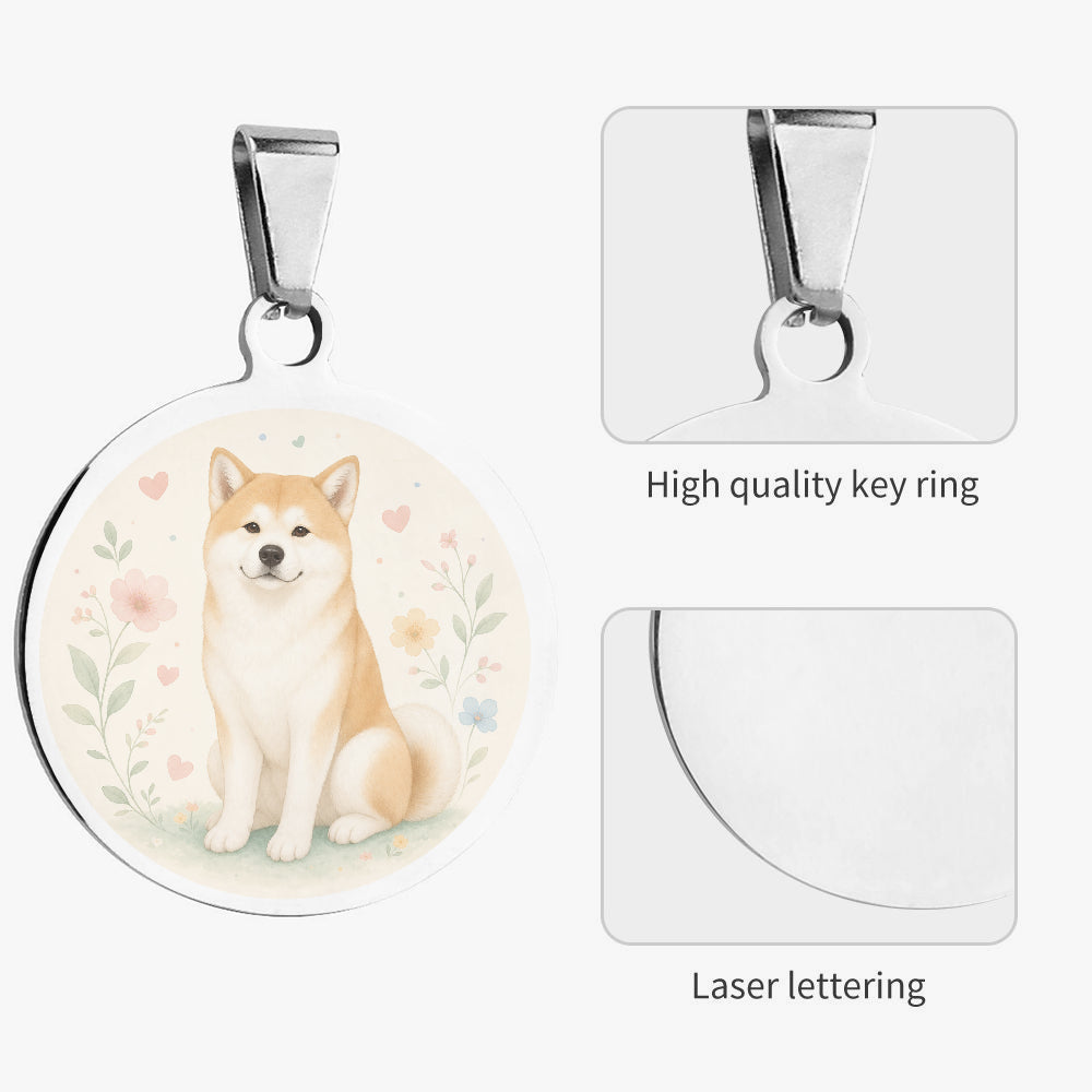 Close-up of Akita Soft Floral Garden artwork on personalized dog ID tag