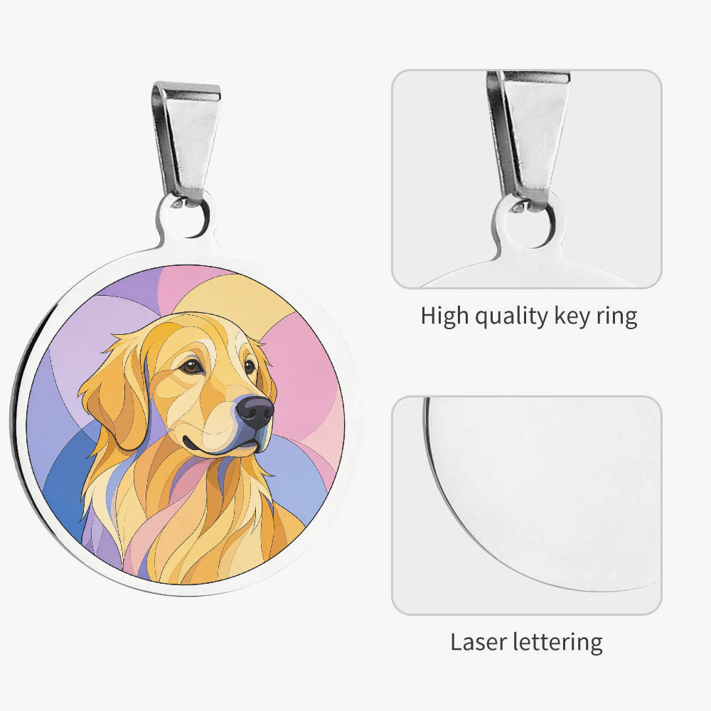 Close-up of Golden Retriever Stained Glass Profile artwork on personalized dog ID tag