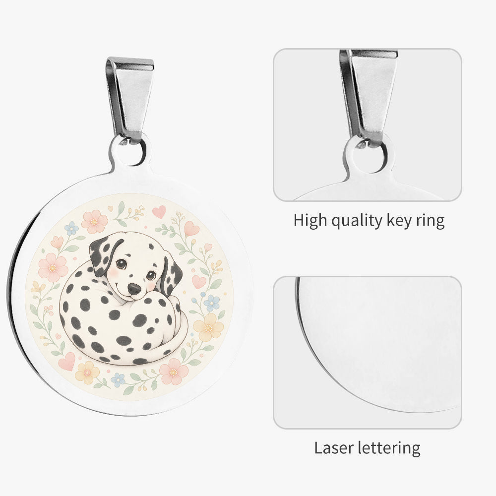 Close-up of Dalmatian Floral Curl Puppy artwork on personalized dog ID tag