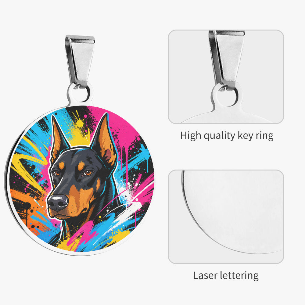 Close-up of Doberman Pinscher Neon Graffiti Portrait artwork on personalized dog ID tag
