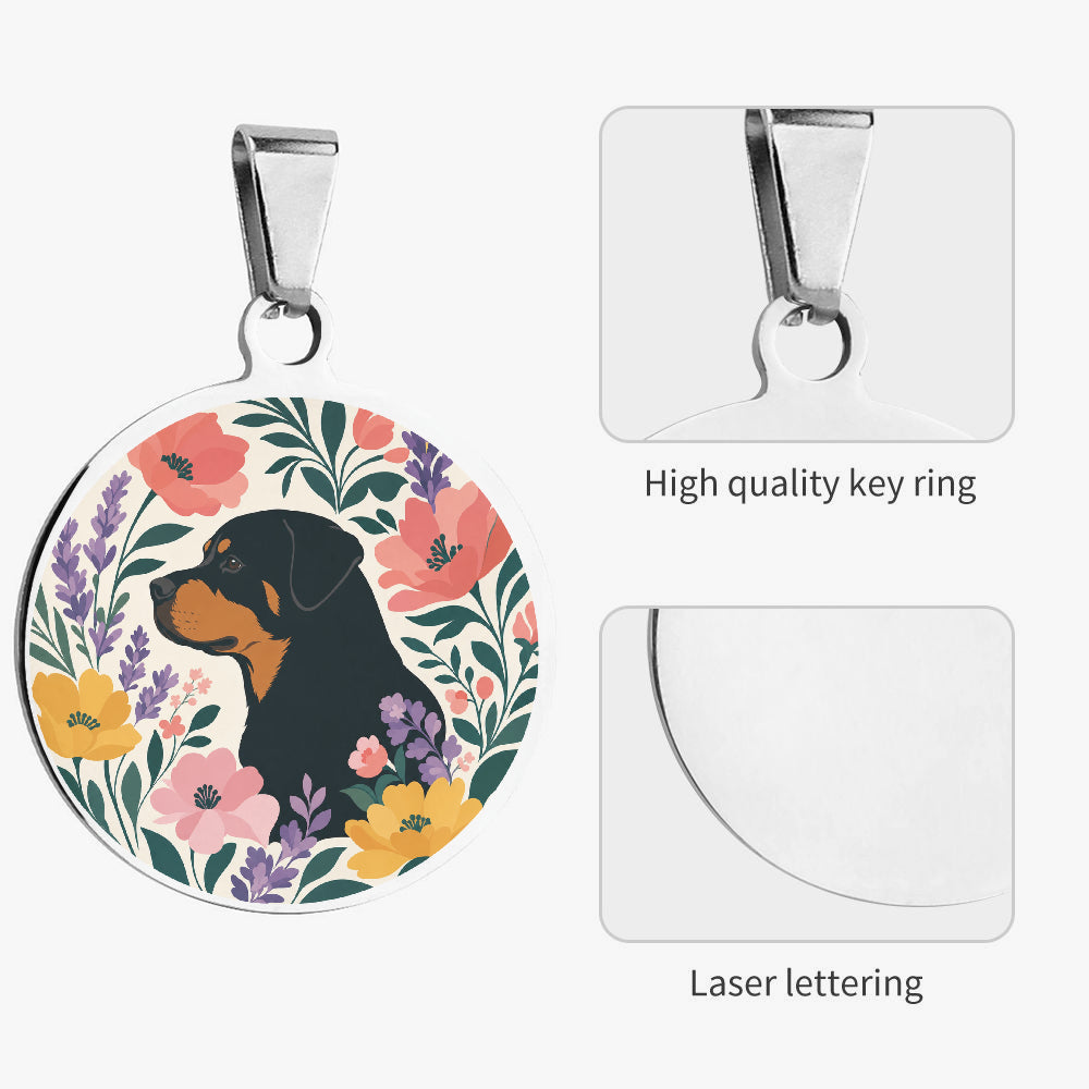 Close-up of Rottweiler Wildflower Garden Profile artwork on personalized dog ID tag