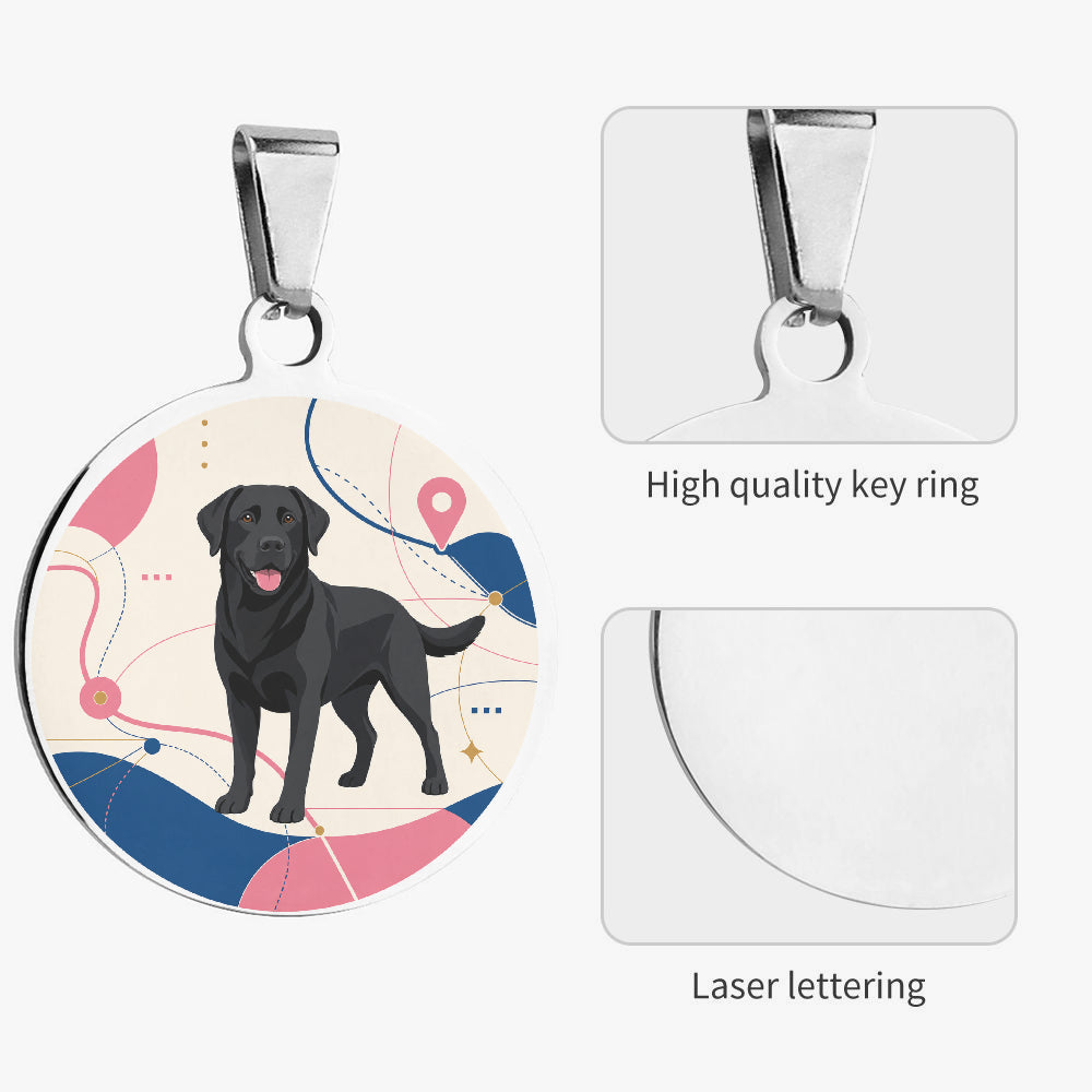 Back of Labrador Retriever Modern Route Map dog ID tag with custom name and phone engraving