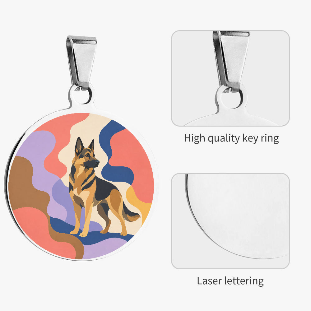 Close-up of German Shepherd Retro Abstract Shapes artwork on personalized dog ID tag