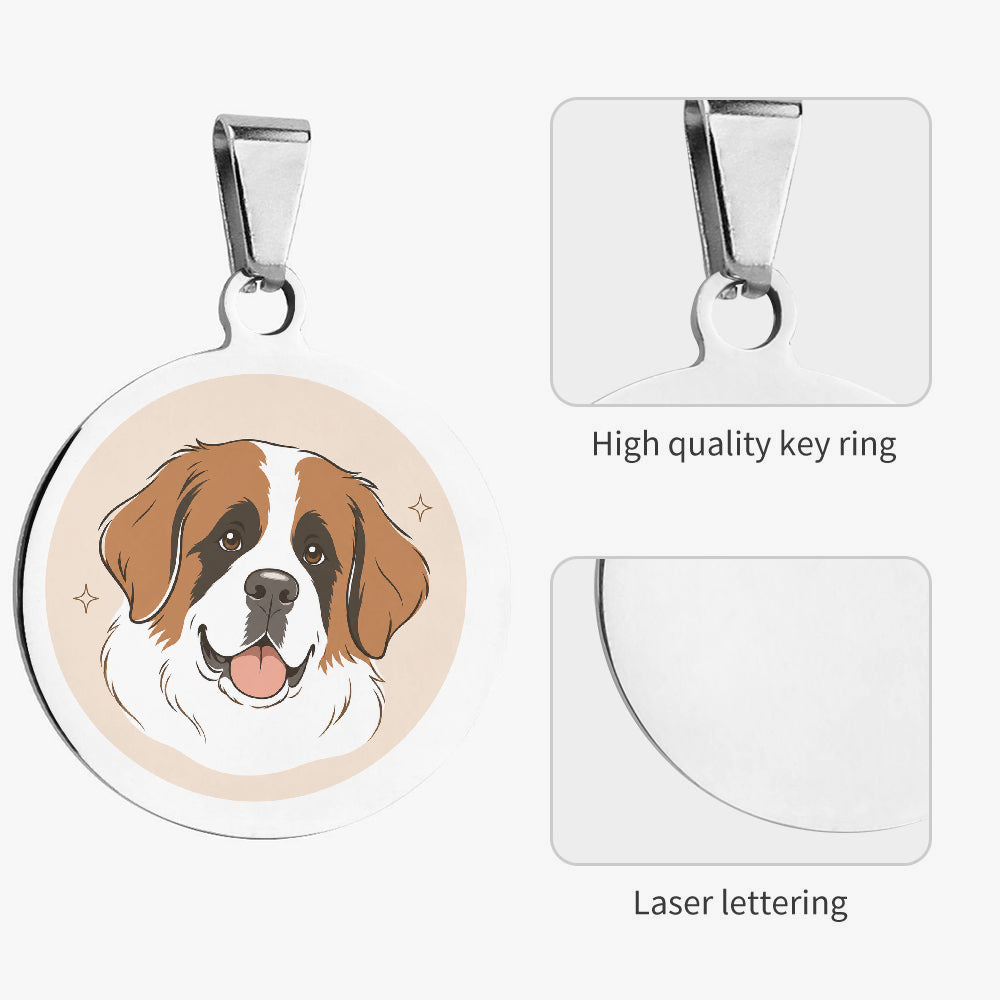Close-up of Saint Bernard Minimal Warm Portrait artwork on personalized dog ID tag