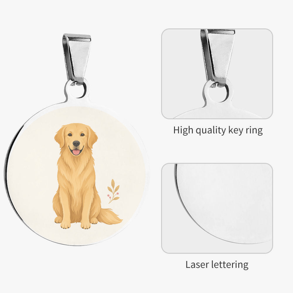 Close-up of Golden Retriever Minimal Botanical Full-Body artwork on personalized dog ID tag