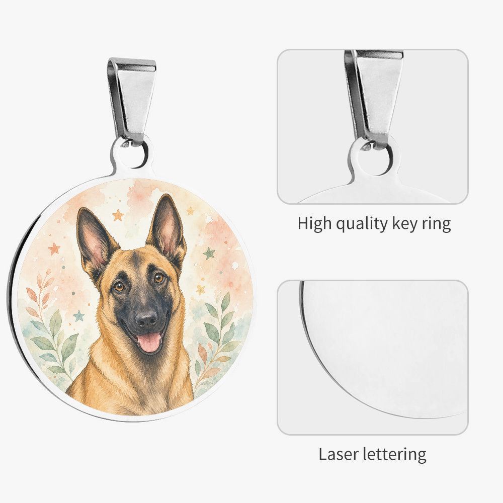 Close-up of Belgian Malinois Pastel Floral Portrait artwork on personalized dog ID tag