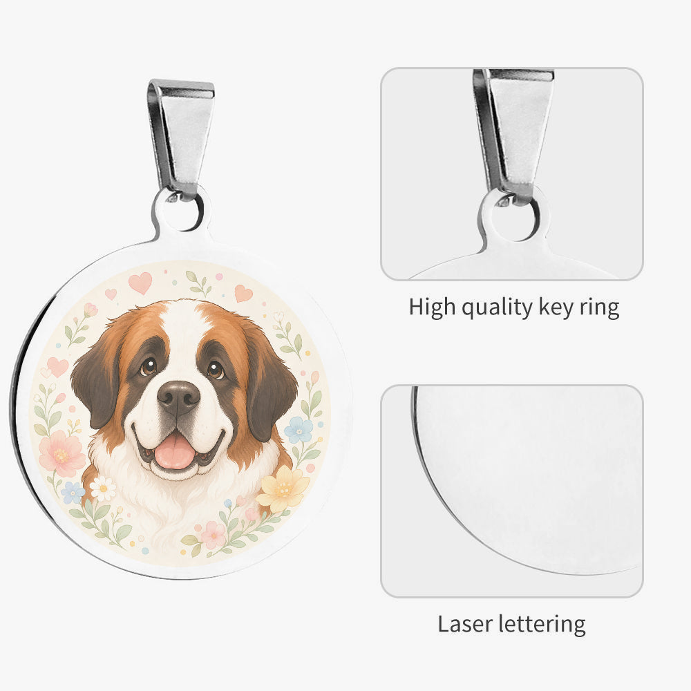 Close-up of Saint Bernard Soft Floral Portrait artwork on personalized dog ID tag