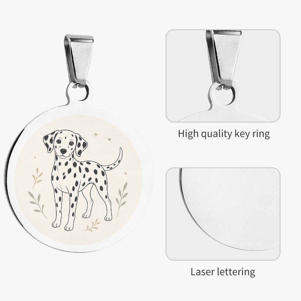 Close-up of Dalmatian Botanical Line Art artwork on personalized dog ID tag