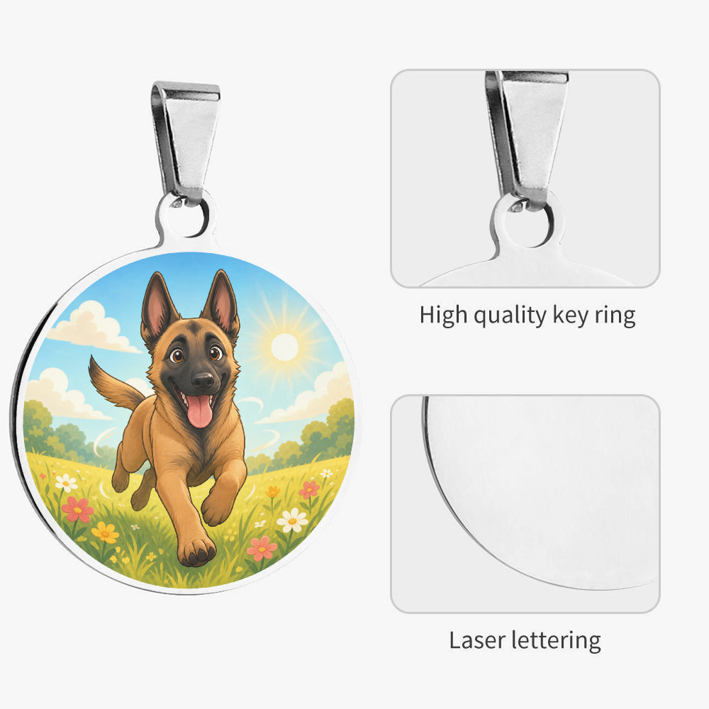 Close-up of Belgian Malinois Sunny Meadow Adventure artwork on personalized dog ID tag