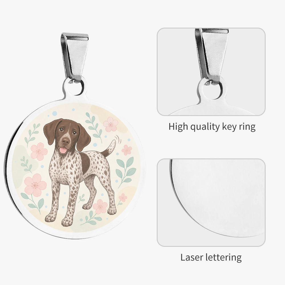 Close-up of German Shorthaired Pointer Pastel Floral Full-Body artwork on personalized dog ID tag