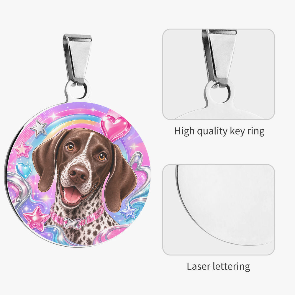 Close-up of German Shorthaired Pointer Rainbow Hearts Glam Portrait artwork on personalized dog ID tag