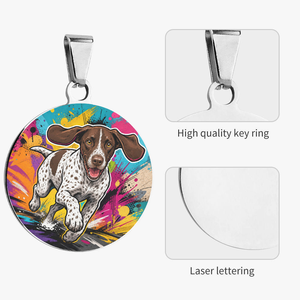 Close-up of German Shorthaired Pointer Vibrant Paint Splash Action artwork on personalized dog ID tag