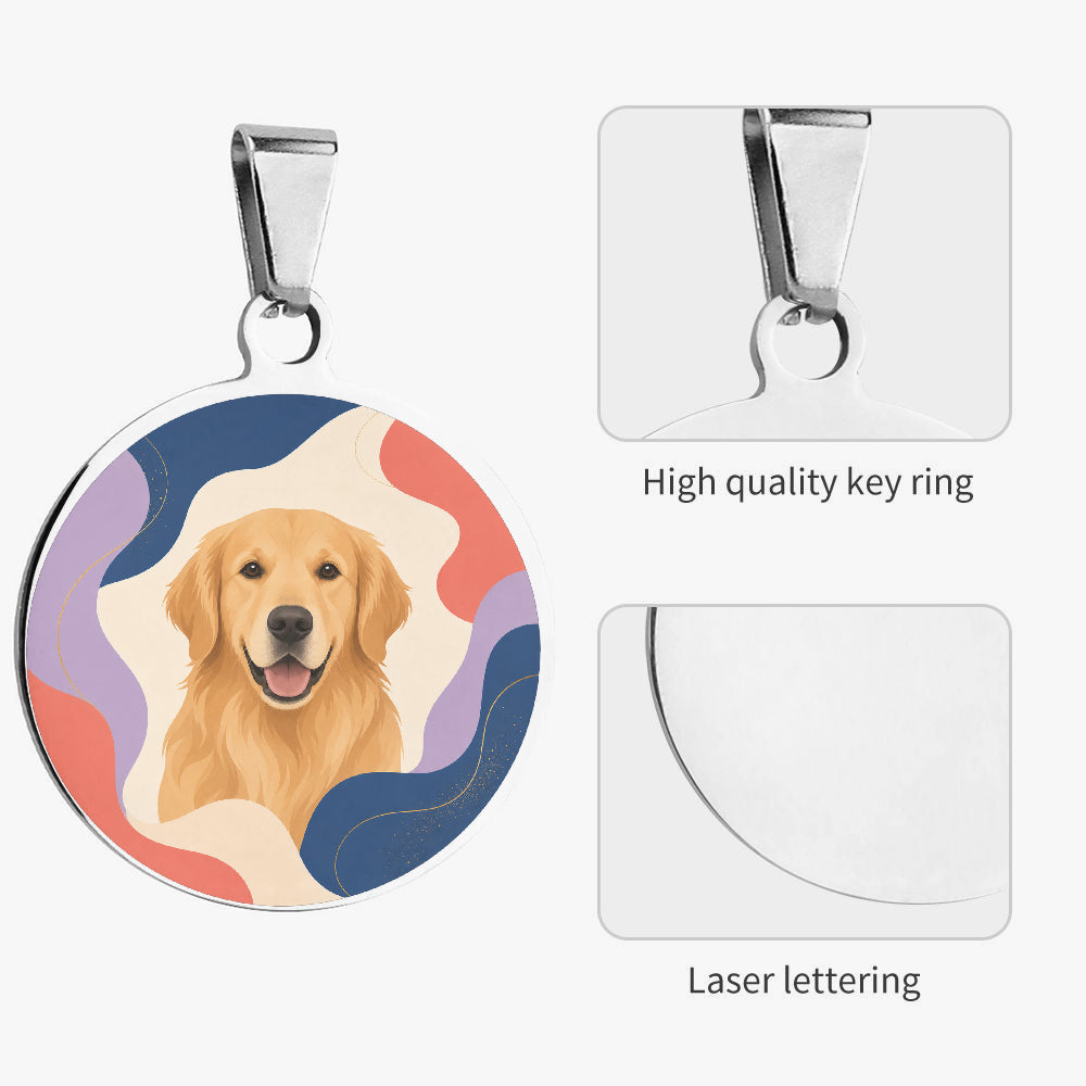 Close-up of Golden Retriever Soft Wave Portrait artwork on personalized dog ID tag
