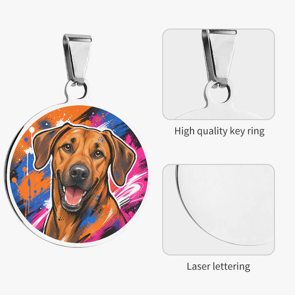 Close-up of Rhodesian Ridgeback Neon Paint Portrait artwork on personalized dog ID tag