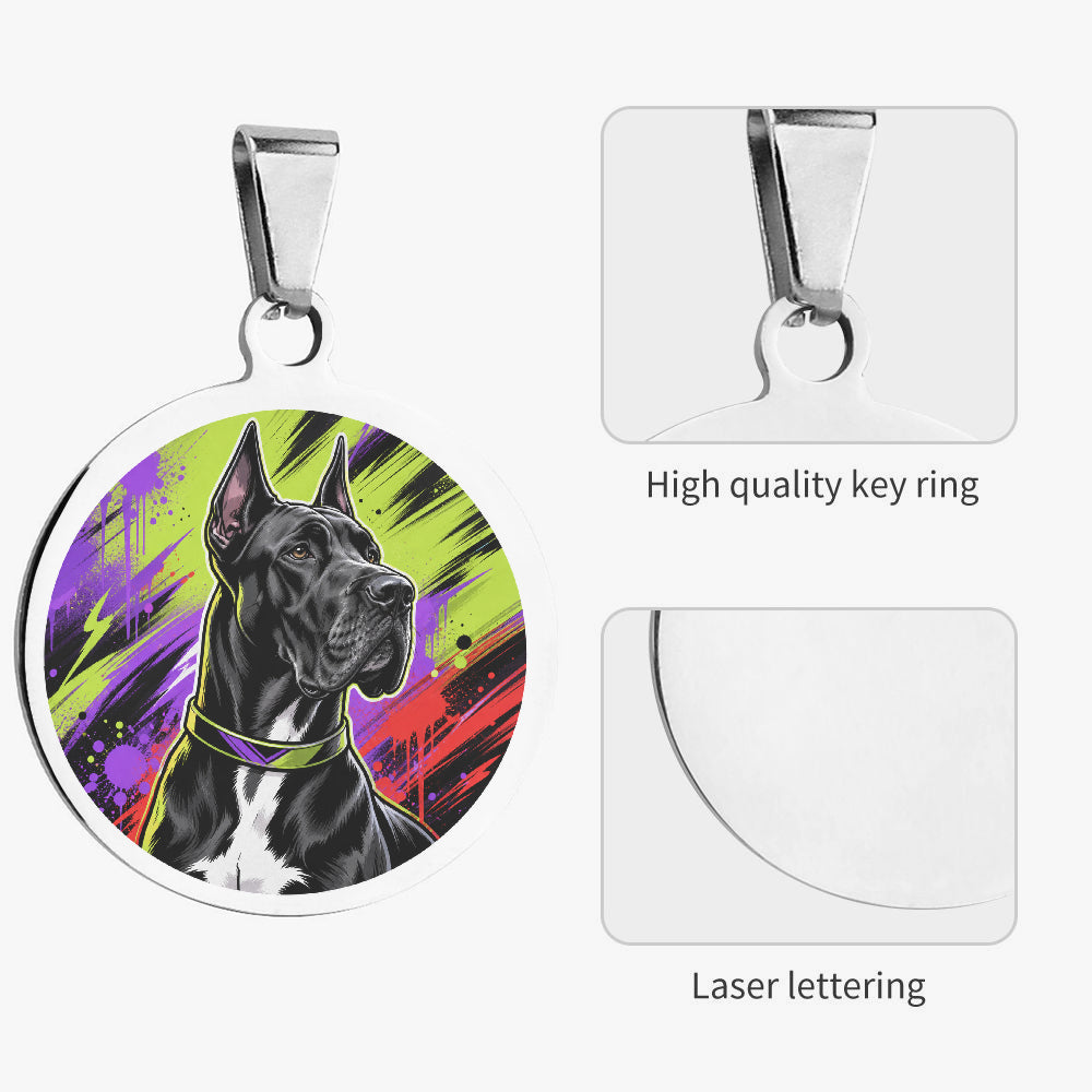 Close-up of Great Dane Neon Brush Portrait artwork on personalized dog ID tag