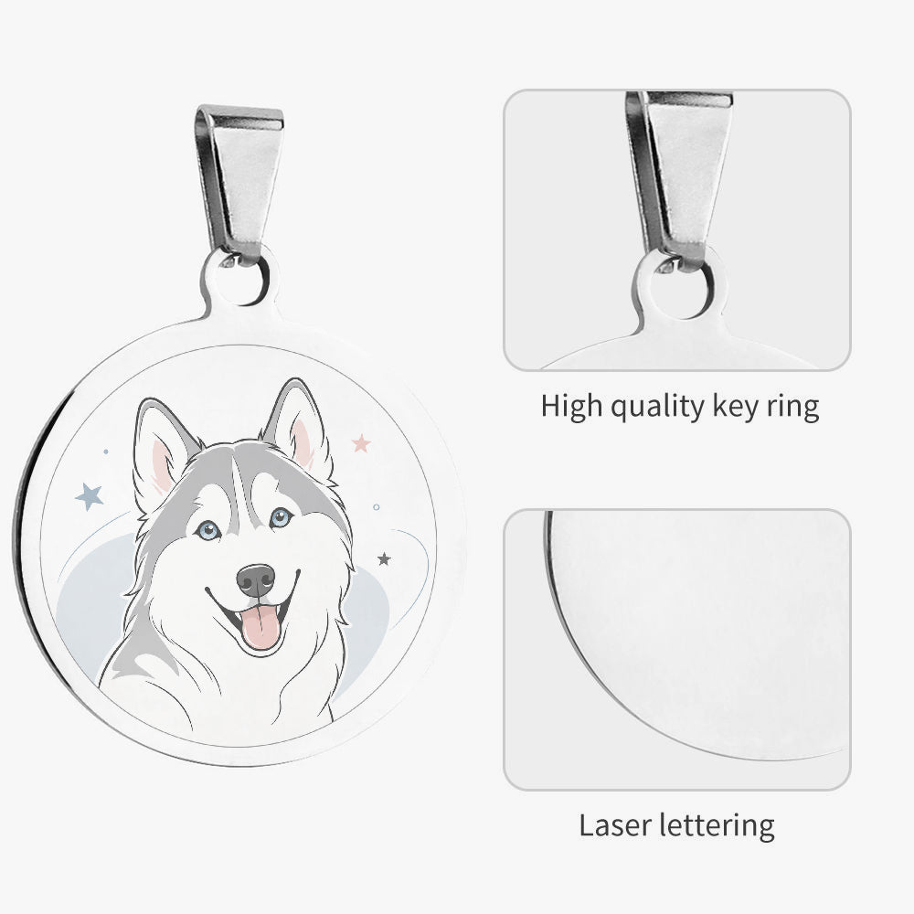 Close-up of Siberian Husky Celestial Line Portrait artwork on personalized dog ID tag