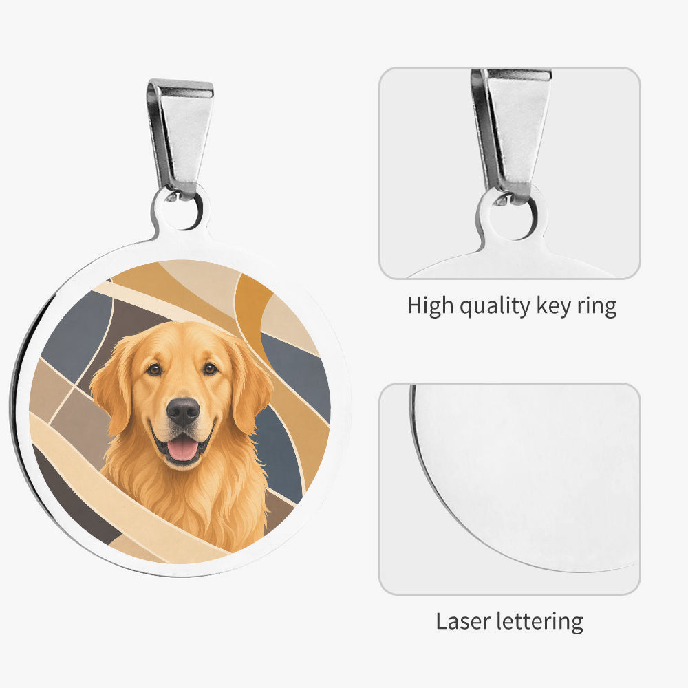 Close-up of Golden Retriever Geometric Neutral Portrait artwork on personalized dog ID tag