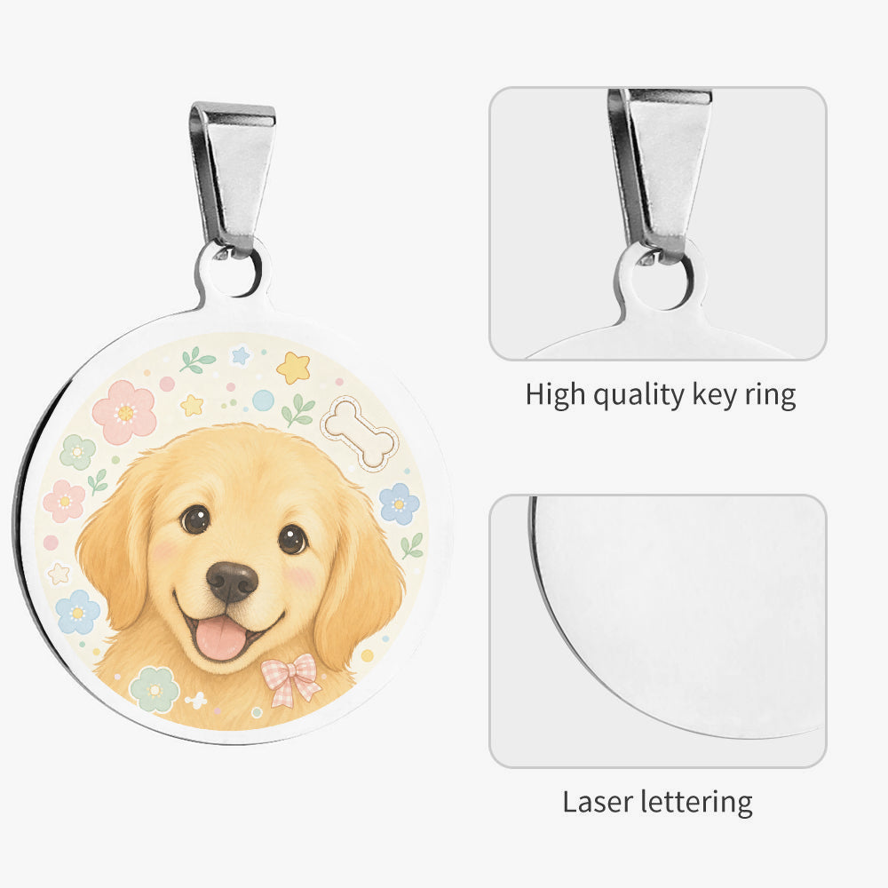 Close-up of Golden Retriever Puppy Flower Confetti artwork on personalized dog ID tag
