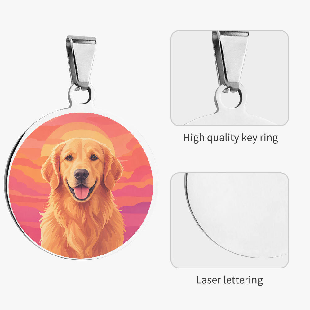 Close-up of Golden Retriever Sunset Glow Portrait artwork on personalized dog ID tag