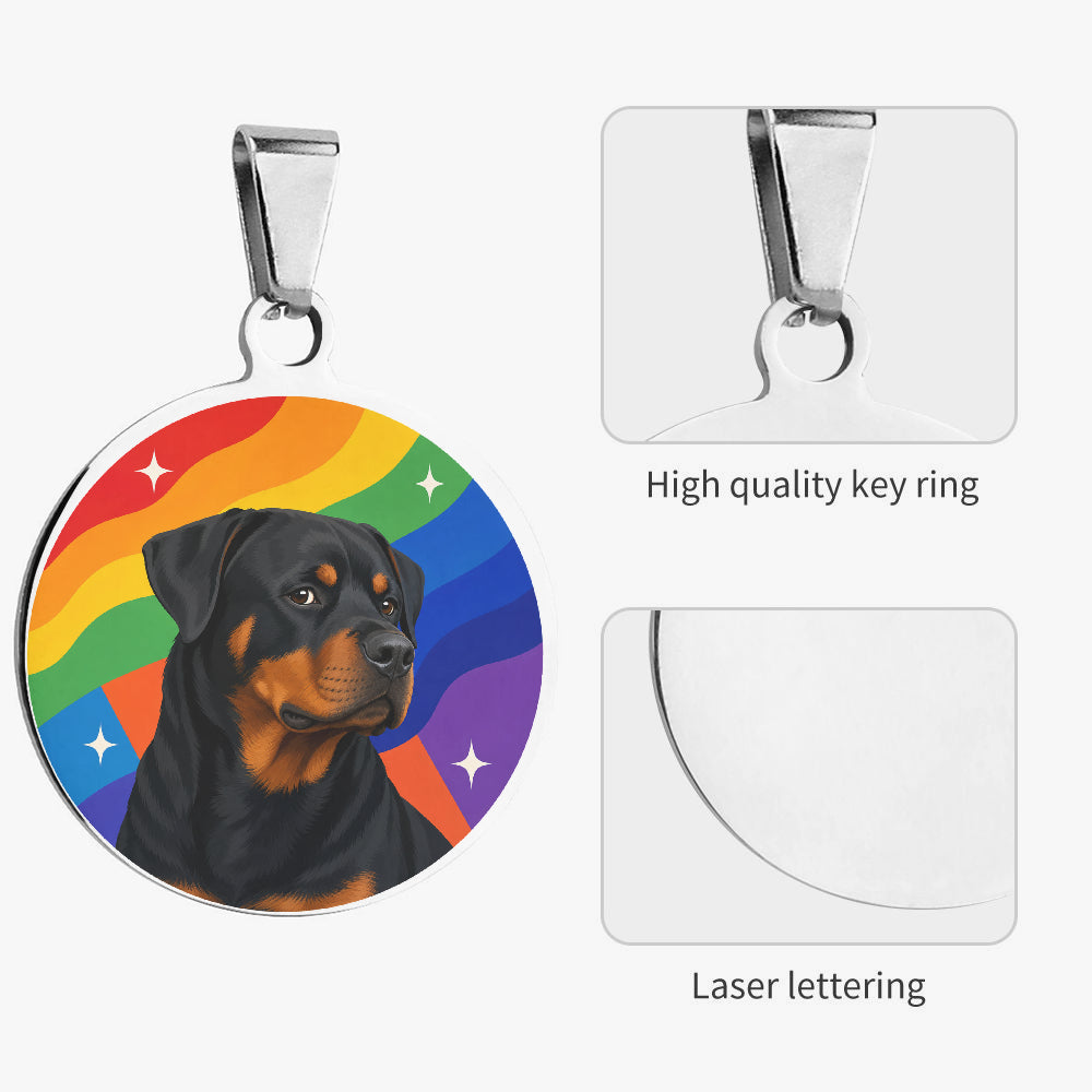 Close-up of Rottweiler Rainbow Wave Portrait artwork on personalized dog ID tag