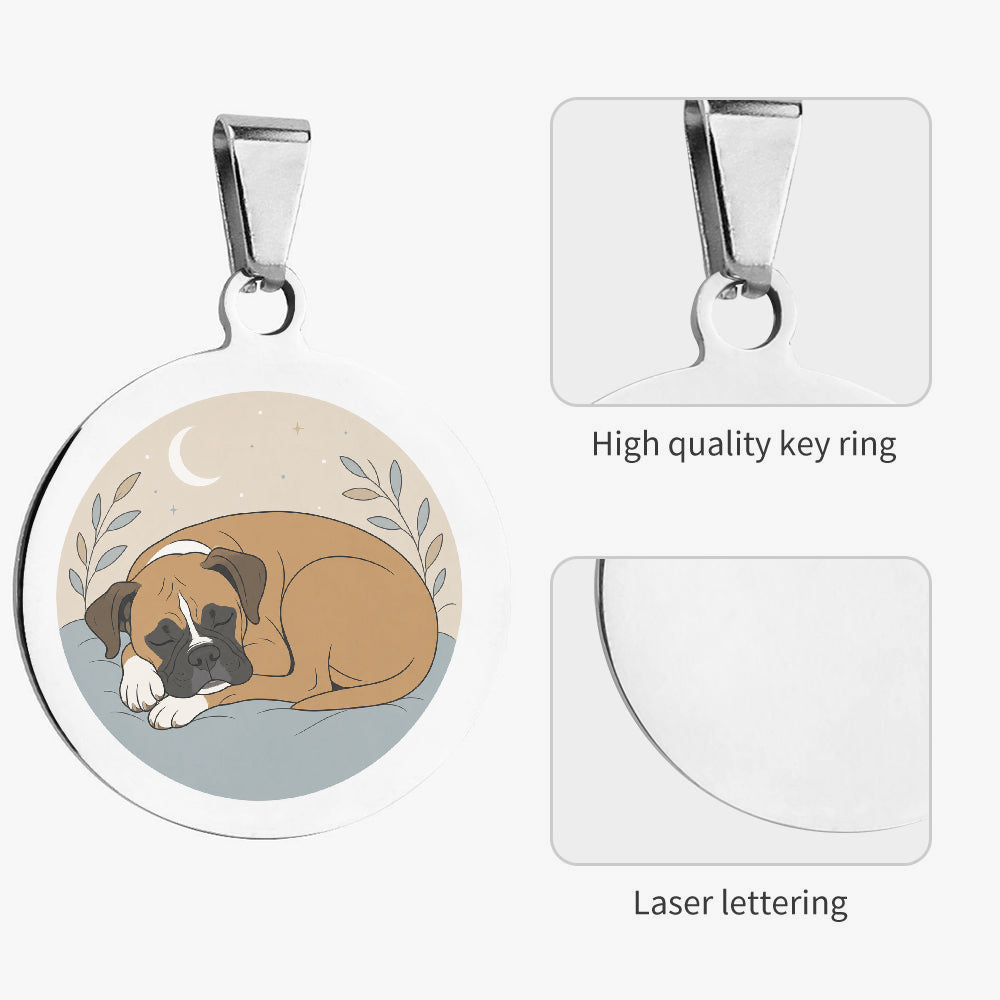 Close-up of Boxer Cozy Moonlit Nap artwork on personalized dog ID tag