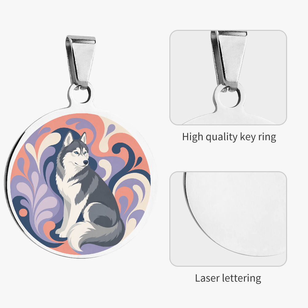 Close-up of Siberian Husky Groovy Swirl Portrait artwork on personalized dog ID tag