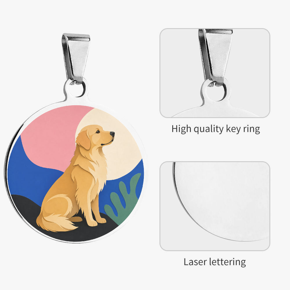 Close-up of Golden Retriever Modern Abstract Profile artwork on personalized dog ID tag