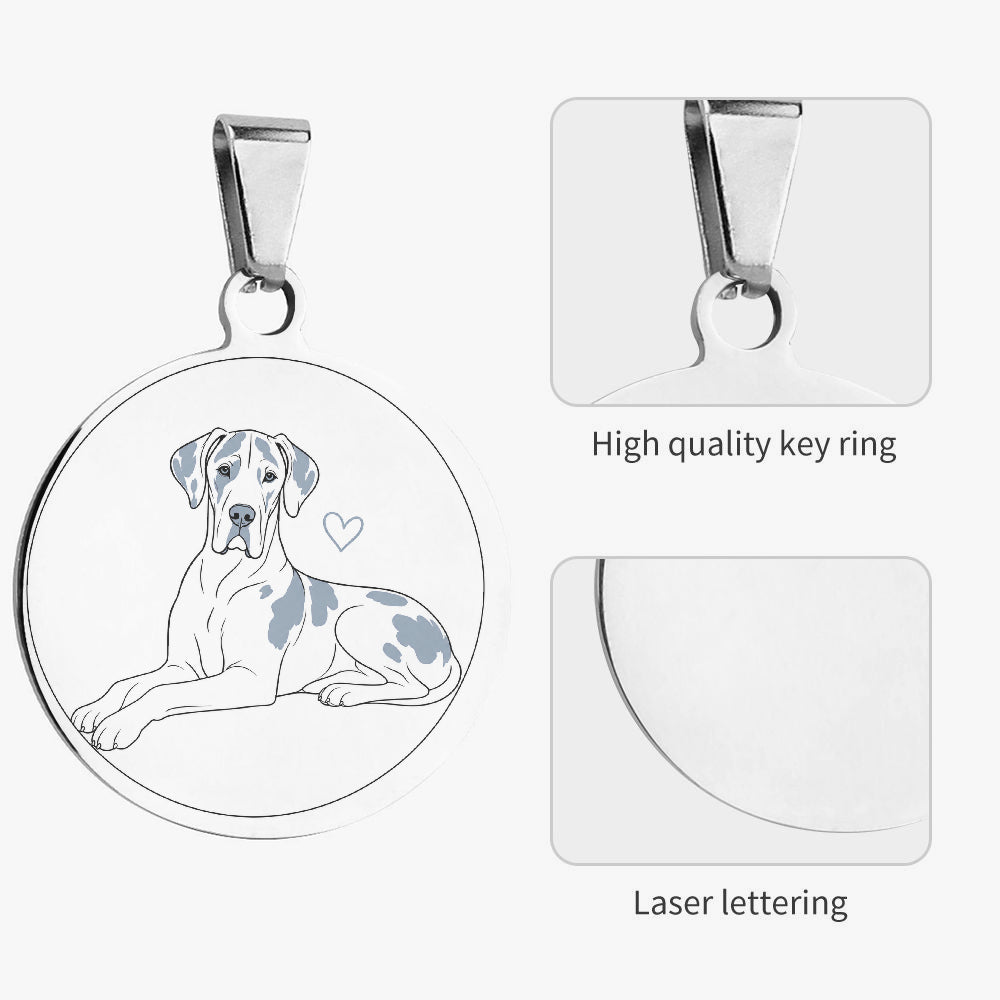 Close-up of Great Dane Minimal Heart Line Art artwork on personalized dog ID tag