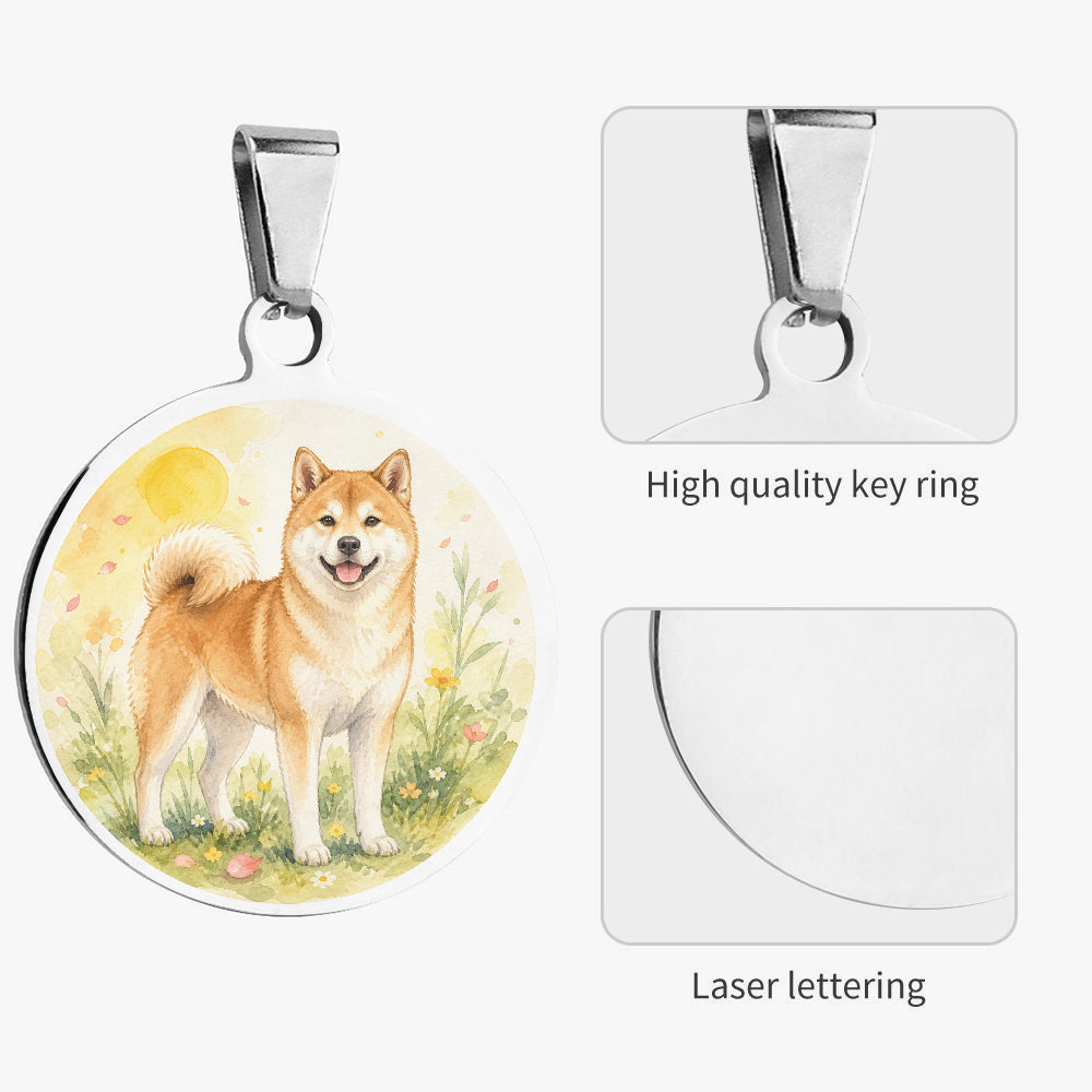 Close-up of Akita Sunny Wildflower Meadow artwork on personalized dog ID tag