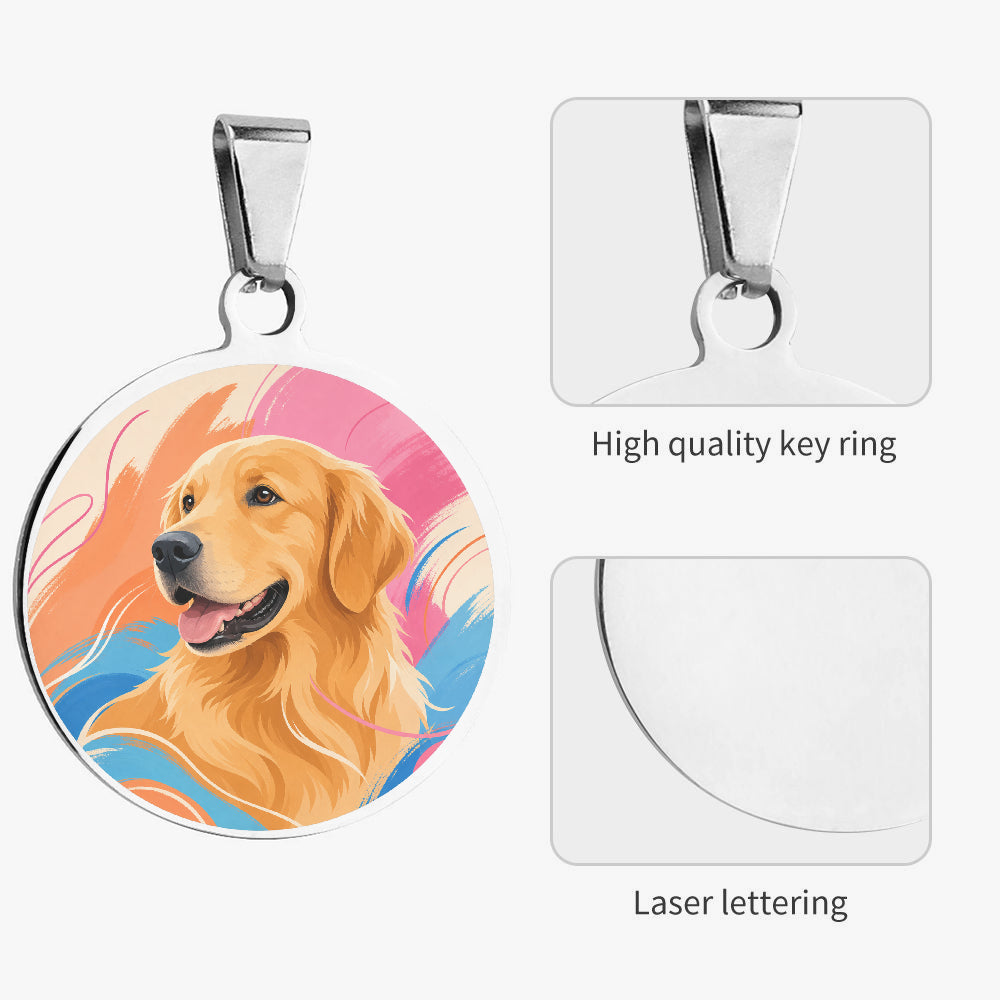 Close-up of Golden Retriever Pastel Brush Portrait artwork on personalized dog ID tag