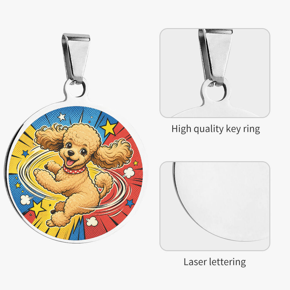 Close-up of Poodle Comic Carousel Spin artwork on personalized dog ID tag