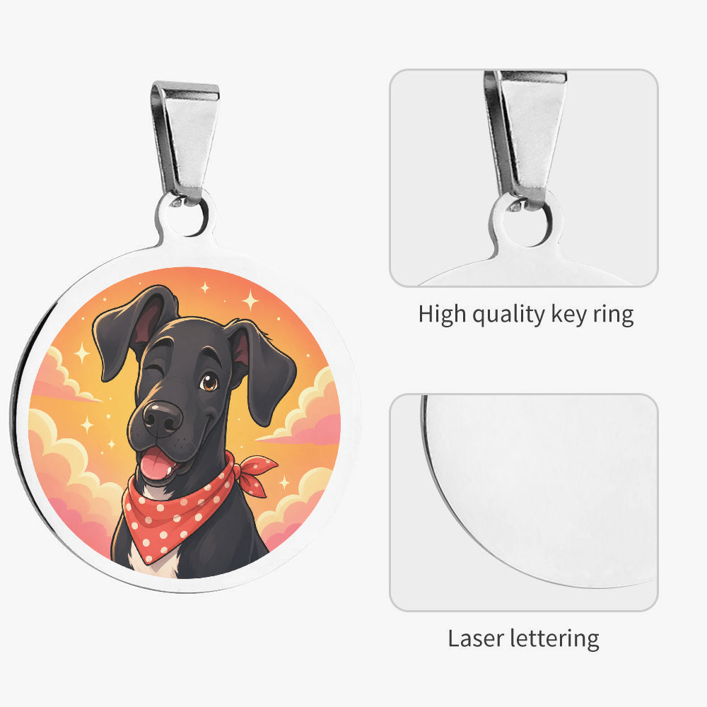 Close-up of Great Dane Sunset Bandana Portrait artwork on personalized dog ID tag